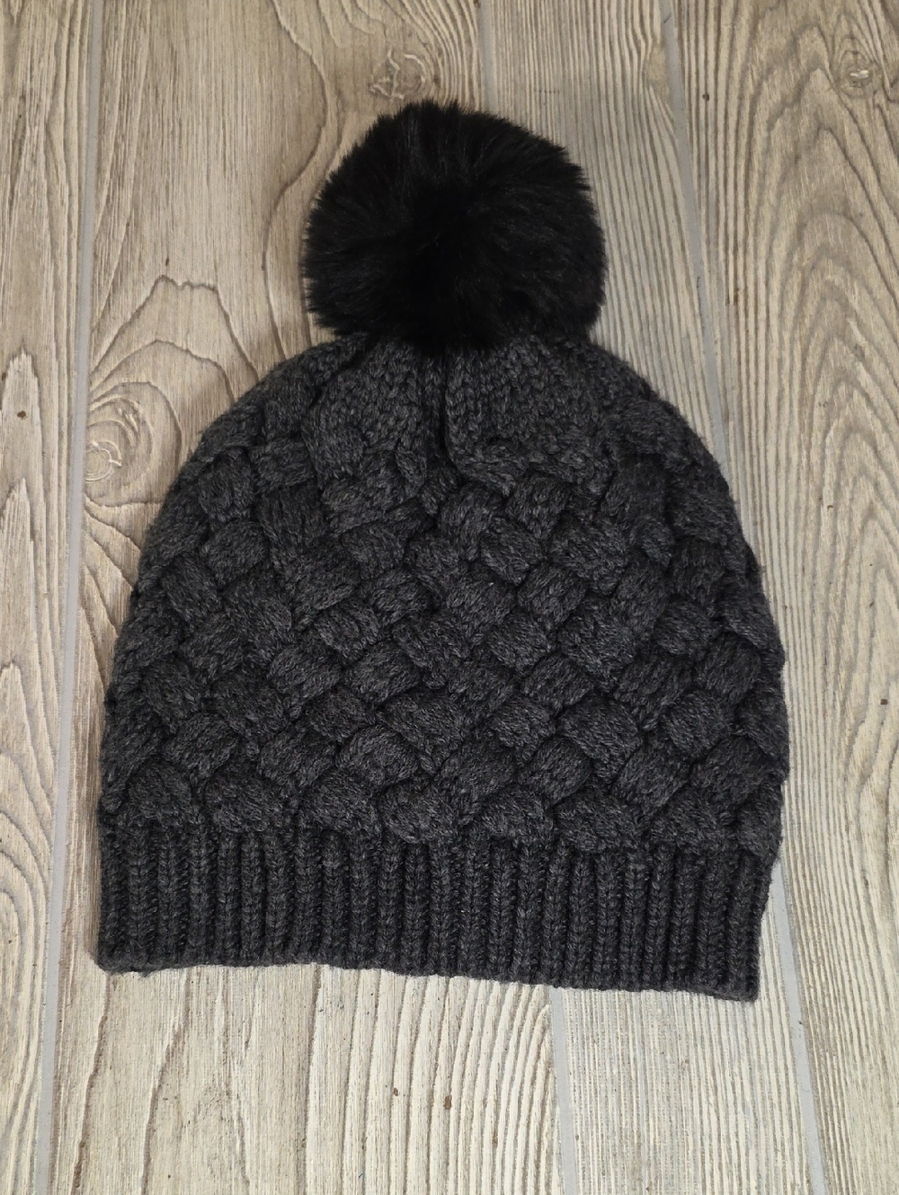 J.Crew Knit Dark Grey/Black Woold Blend Beanie Winter Hat With PomPom